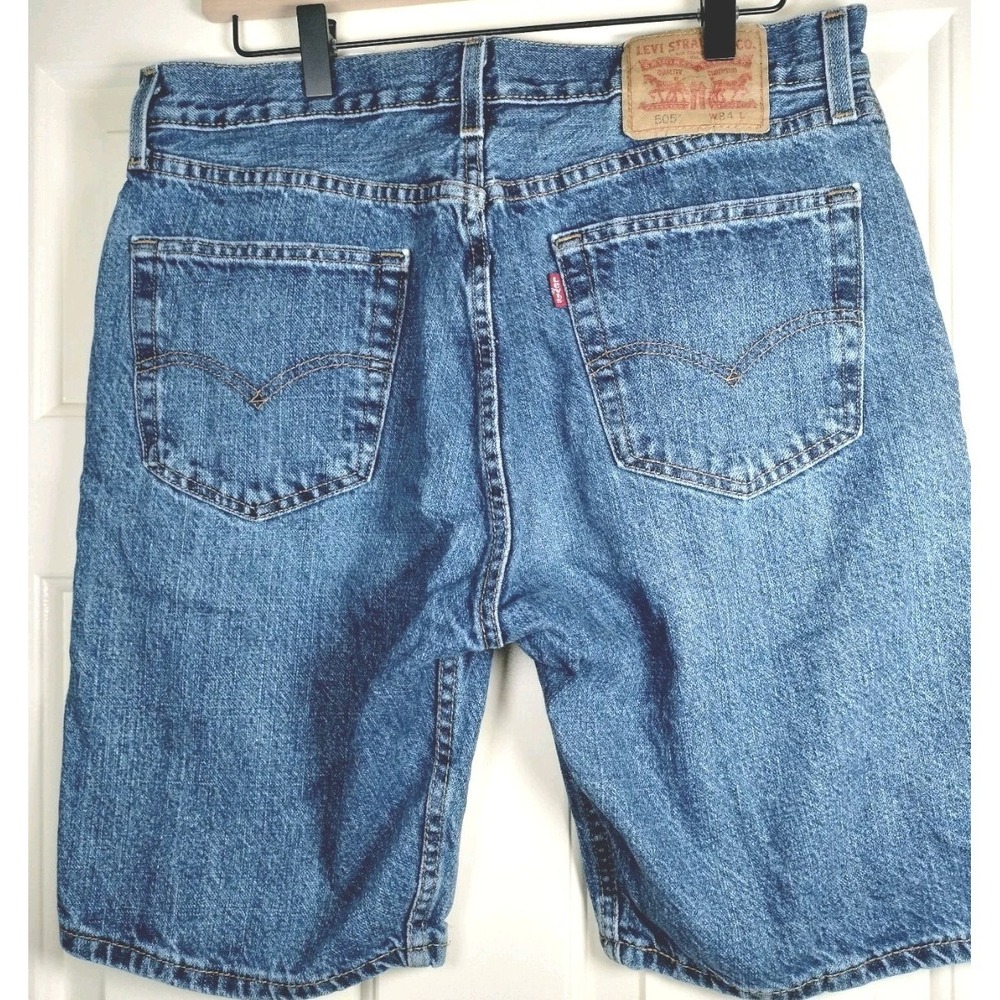 Levis 505 Jean Shorts Mens 34(33) Blue Dark Stonewash WaterLess Regular Fit 10" - Picture 2 of 15